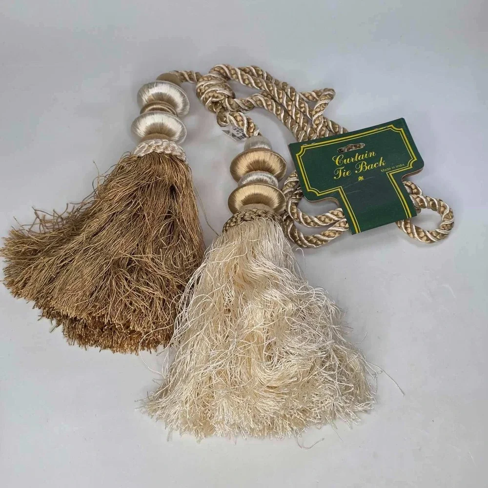 Luxury Double Tassel Curtain Tie Back Ivory Gold Linen Disc Top 8397728